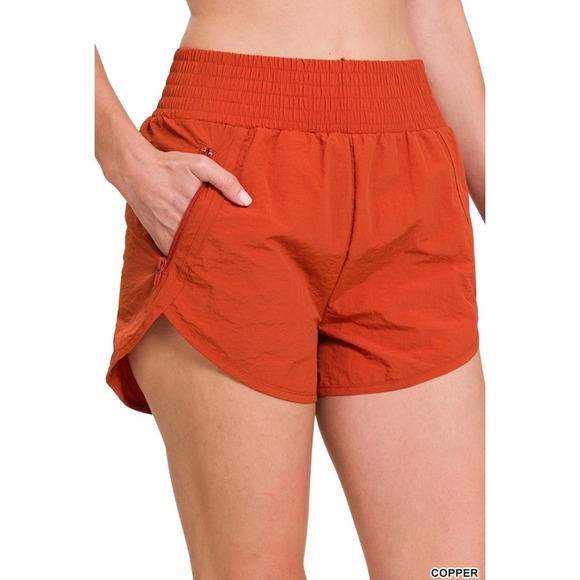 Zenana Copper Windbreaker Running Shorts – Smocked Waist & Zipper Pockets - Picture 1 of 1
